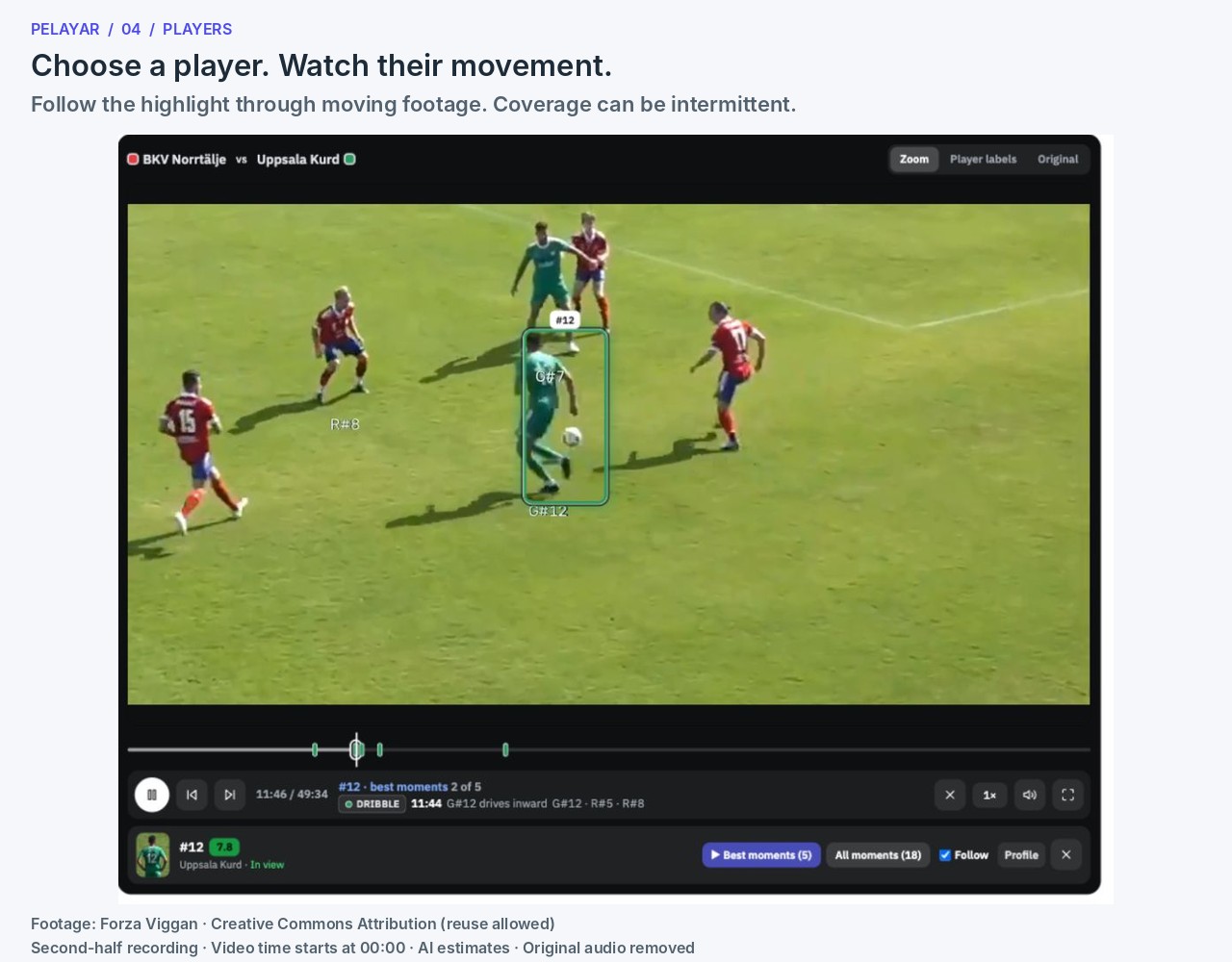 Player view in the Pelayar soccer analysis app for BKV Norrtälje vs Uppsala Kurd